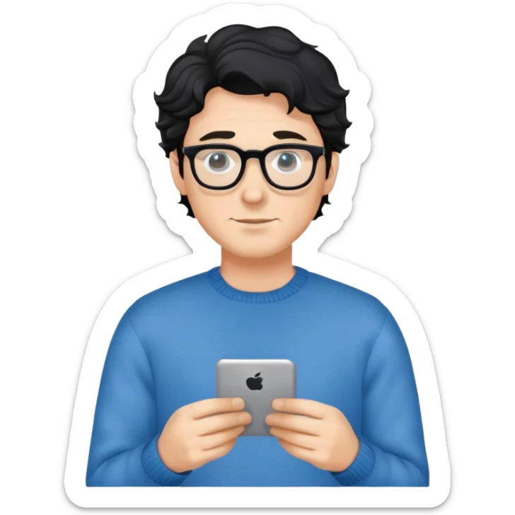 Caucasian man with black wavy hair wearing glasses and a long sleeve blue sweater sticker
