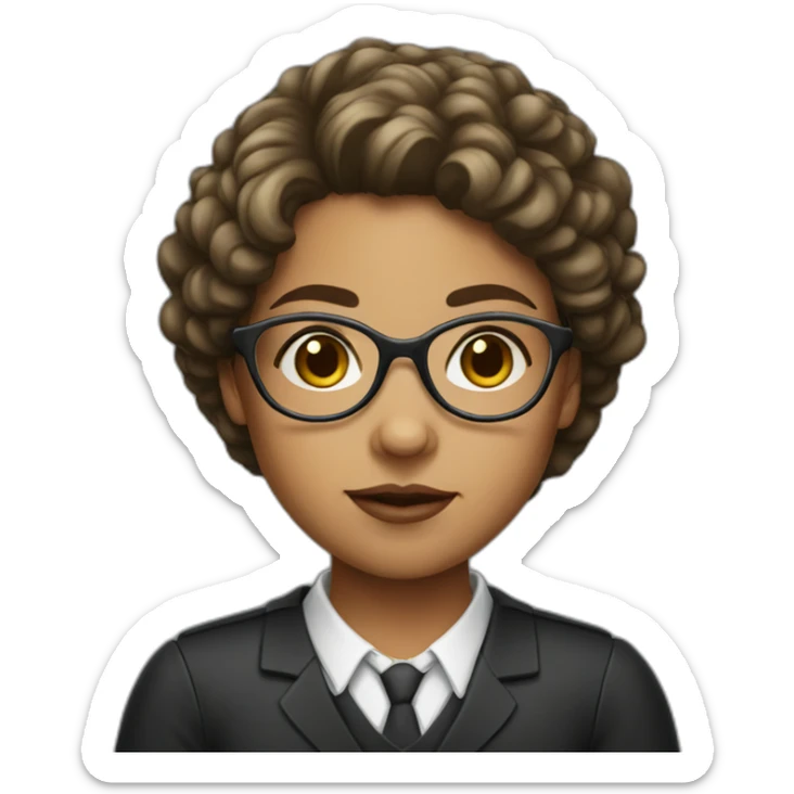 girl with round glasses, short curly hair, shoulder length, dressed as a lawyer sticker
