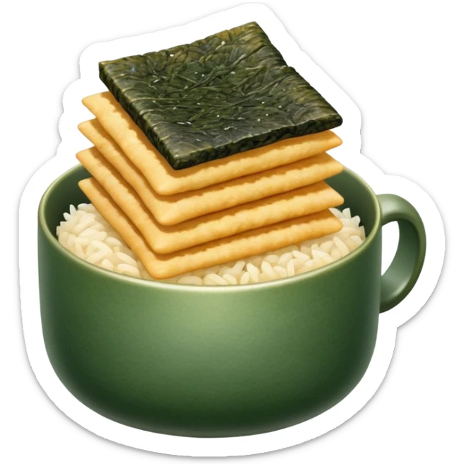 Japanese senbei rice cracker wrapped with sheet of nori seaweed, traditional snack served with green tea sticker