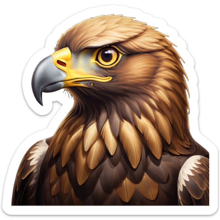 Cinematic Noble Golden Eagle Portrait Emoji, Poised and majestic, with a powerful, broad build, regal hooked beak, and piercing, intense eyes set against richly golden-brown plumage, Simplified yet sharp and sophisticated features, highly detailed, glowing with a soft, amber radiance, high shine, intelligent and commanding, stylized with an air of aerial supremacy, focused and determined, soft glowing outline, capturing the essence of a watchful and confident golden eagle that appears ready to soar out of the screen with effortless authority! sticker