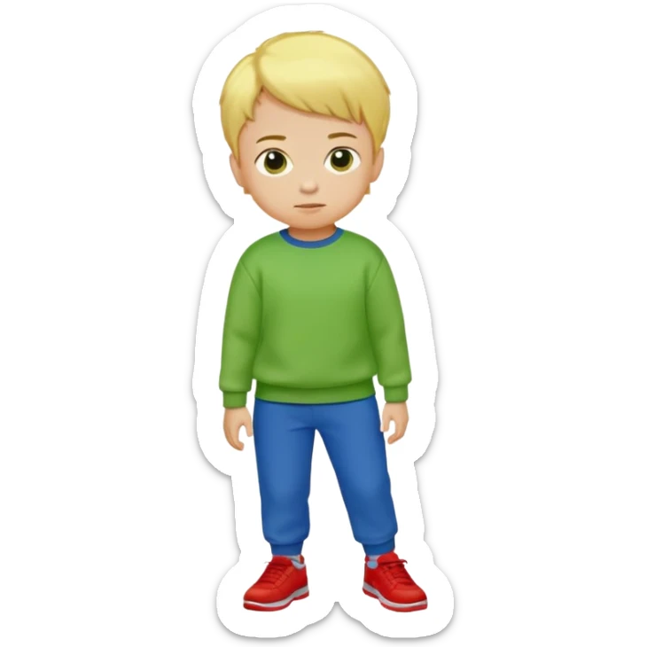 Small boy with short yellow hair, bright green sweatshirt, blue pants and red shoes sticker