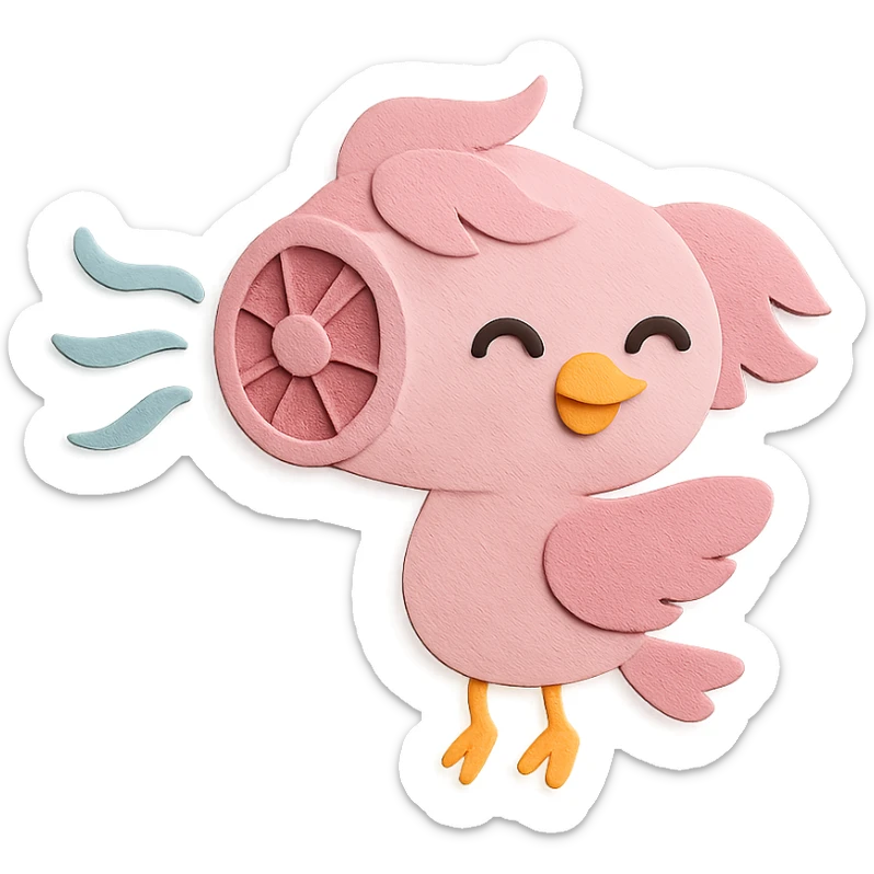 chibi hair dryer-bird hybrid, blowing air, happy face, soft pink, full-body sticker