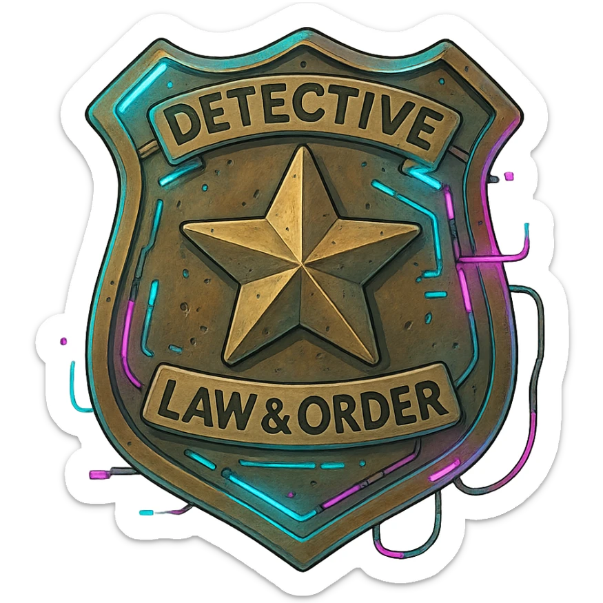 a detective badge, law and order. cyberpunk futuristic sticker