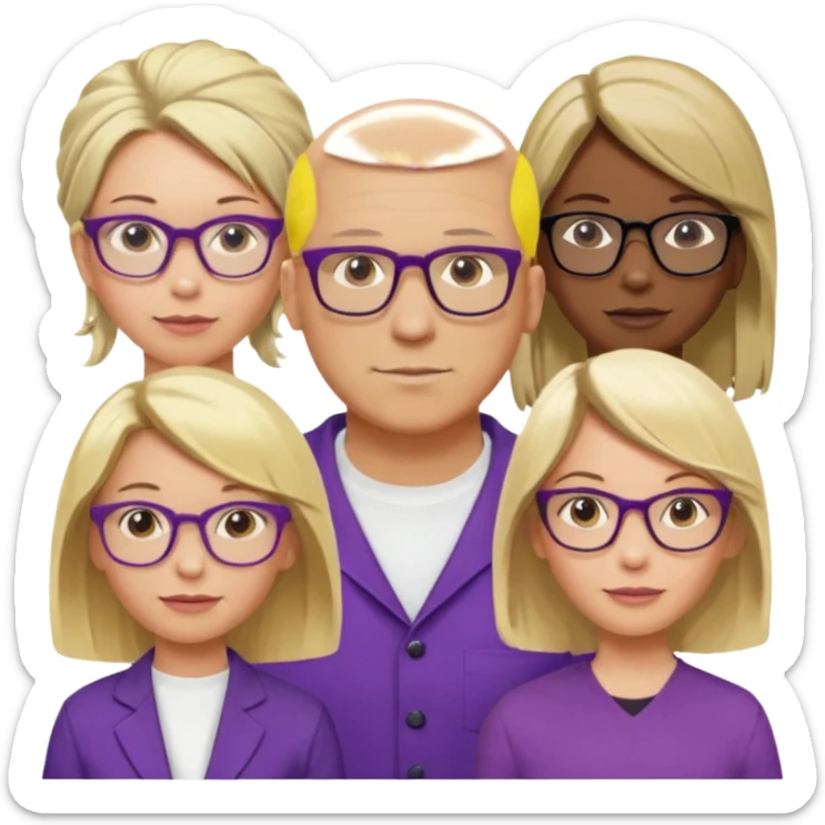 FIVE person team; 2 men and 3 women.  All dressed in yellow or purple.  
1 caucasian woman with blonde mid length hair
1 caucasian woman has ash blonde hair tied up.  
1 man is African-american and bald
1 man is caucasian and very little hair left.  
All have glasses sticker