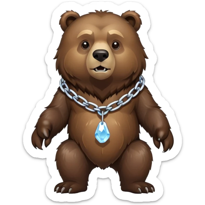 Complete view of serious grizzly bear on four paws, dark brown fur, whole body shown from head to tail, thick ice chain collar sticker