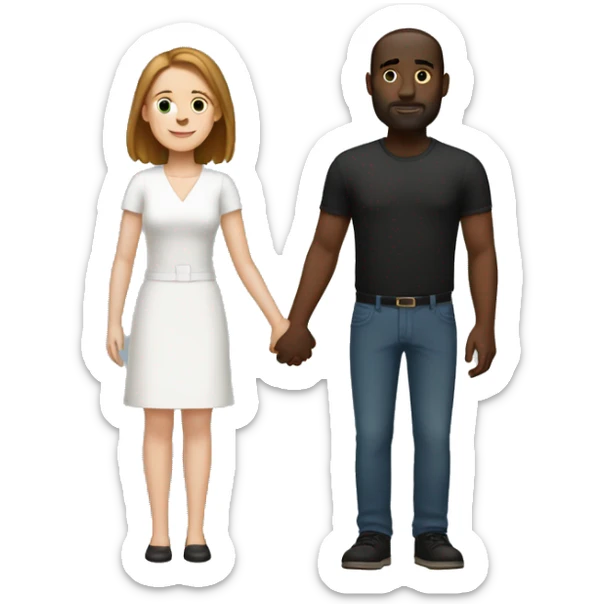 White woman with brown bob hair holding hands with a tall slim black man with a fade sticker