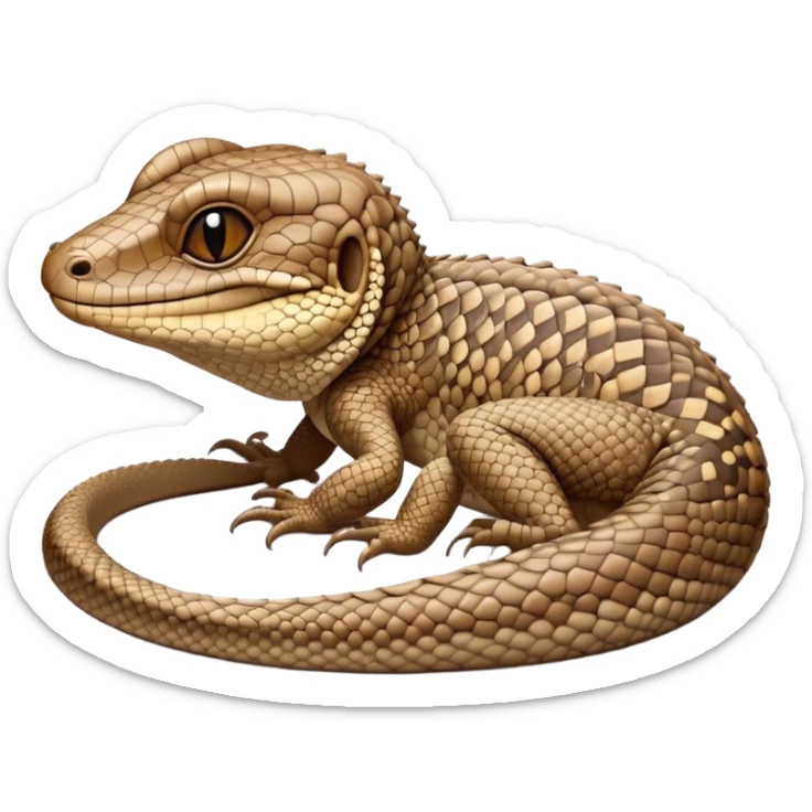 Meme-Worthy cute Sleeping brown camo spotted monitor Lizard Portrait Emoji, Head resting peacefully with a contented smile, showcasing intricately patterned scales and eyes gently closed in serene slumber, Simplified yet comically adorable features, highly detailed, glowing with a soft, drowsy earthy light, high shine, relaxed and utterly lovable, stylized with an air of playful laziness, bright and heartwarming, soft glowing outline, capturing the essence of a sleeping reptilian guardian that feels destined to become the next viral icon of adorable rest! sticker