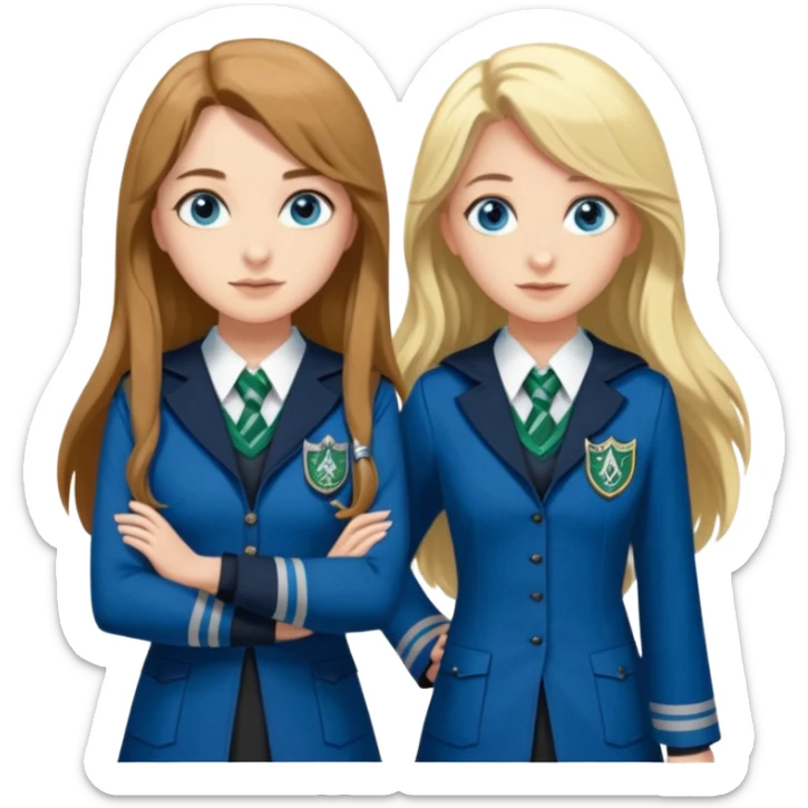 a pretty ravenclaw girl with long brown hair and blue eyes standing with a hot Slytherin girl with long blonde hair, blue eyes and big boobs  sticker