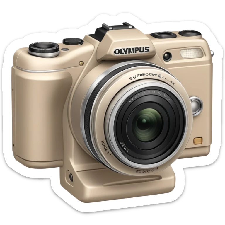 Ultra simplified Olympus Superzoom 70G camera, grayish-beige color, abstract representation with bare minimum of recognizable features sticker