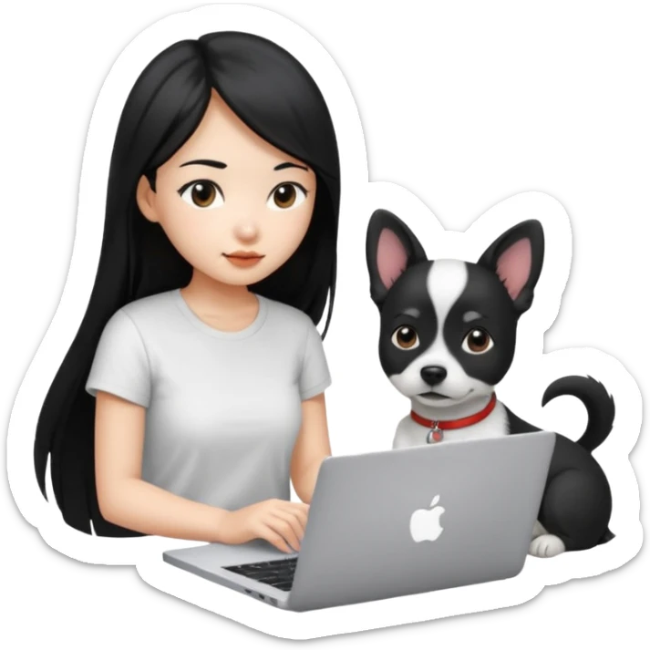 Blue back ground, Asian girl with long black hair , wearing a white t-shirt, working on an Apple laptop, next to her is a small black and white dog sticker