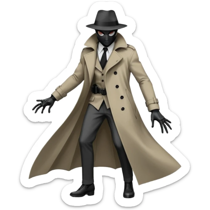 Die-cut sticker of Spider-Noir, monochrome black and grey palette, trench coat fluttering, 1940s detective aesthetic. Sharp edges, heavy shadows, white border, isolated on white background, high detail. sticker