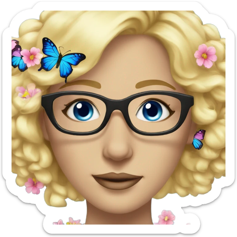 Gorgeous blond lady blue eyes with flowers and butterflies wearing glasses  sticker