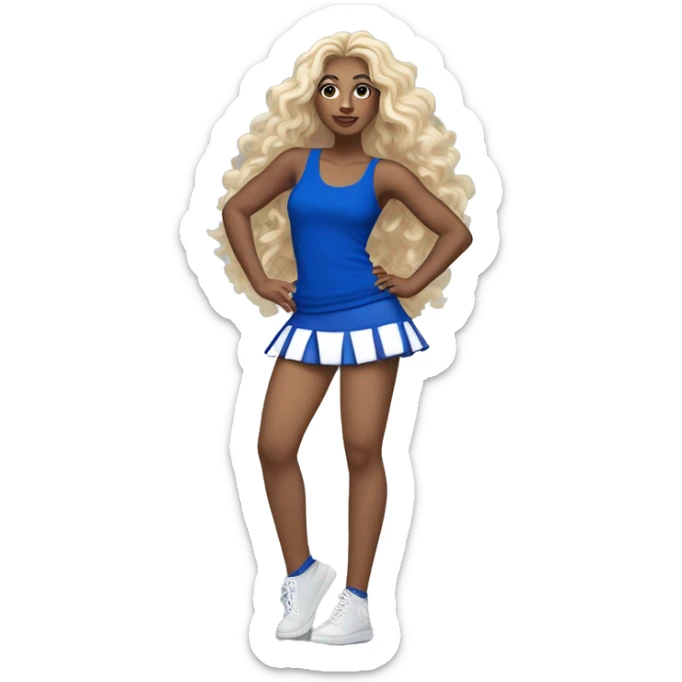 Dancer with royal Blue miniskirt and royal blue long tank top with blond wavy long hair. Holding silver pom poms.  sticker