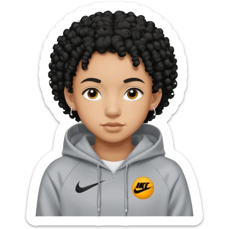 Blasian teenager wearing a nike hoodie with black curly hair and ears pierced sticker