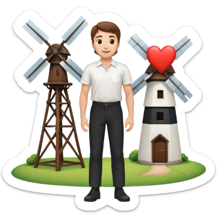 a white man with brown hair and a white shirt and black pants standing next to a windmill with a heart  sticker