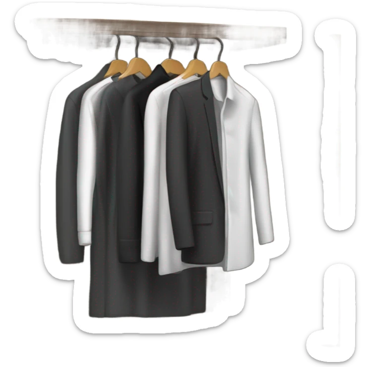 Design an emoji-style icon of an open wardrobe with clothes hanging inside. Include details like a wooden frame, hangers, and black clothing items such as shirts or any other clothing . Use a clean and minimalistic design. sticker