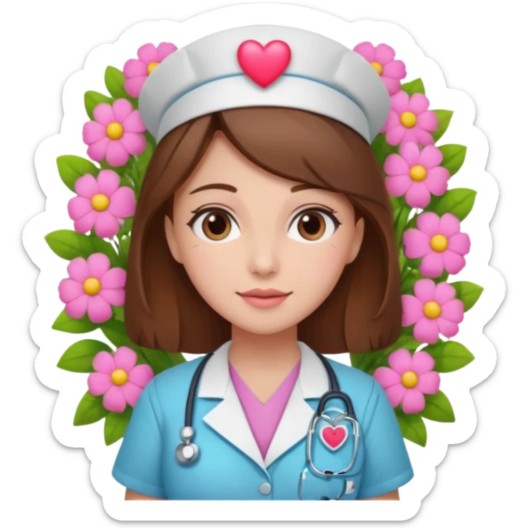 Brown hair Nurse with pink heart and flowers surround her head sticker