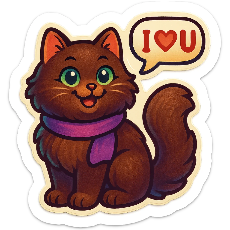 Fluffy happy smiling cute dark-brown cat with green eyes and a purple scarf saying ‘I ♡ U’ (with a speech bubble) sticker