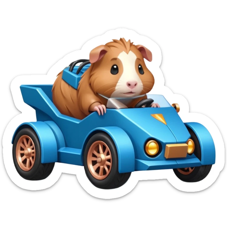 dark crystal blue and rosegold-accented cyber truck style-faceted-body electric racing car driven by a small cute but fearless Guinea pig with rear spoiler, roll bar, and wheely bar sticker