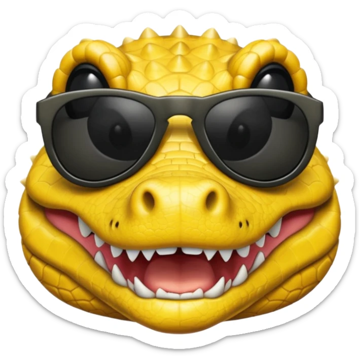 Cocodrilo feliz con boca cerrada mirando de frente que tengan lentes negros y sea color amarillo con fondo blanco sticker