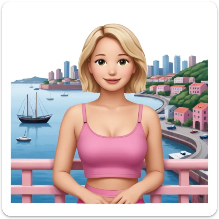 jennifer lawrence, pink crop top leaning on a balcony with a harbor and cityscape in the background, smiling sticker