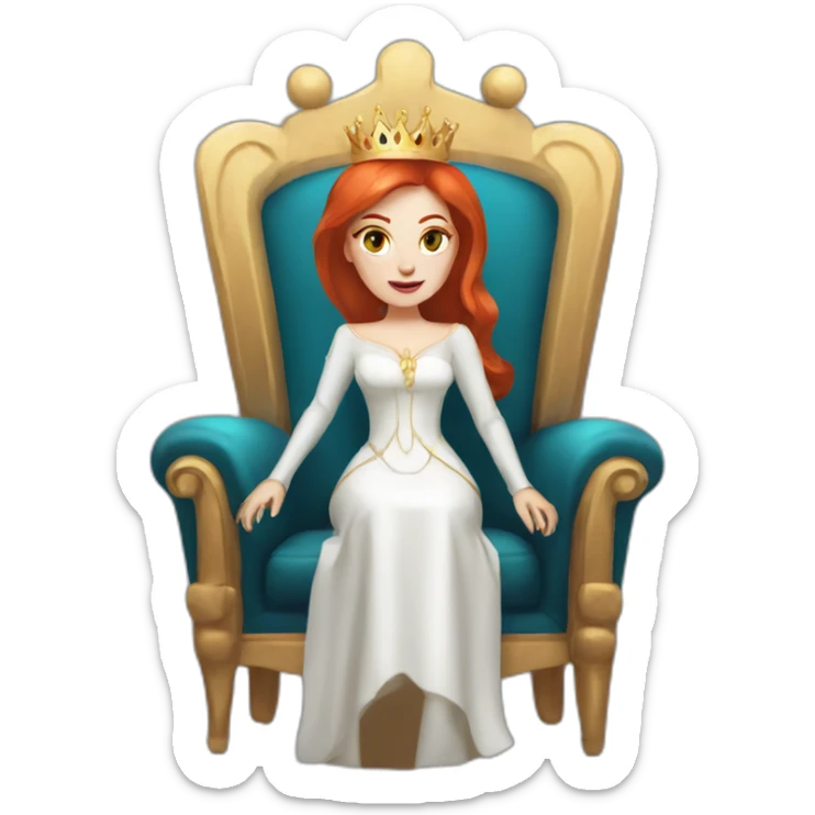 white skin redhead queen with straight hair wearing white gloves on her throne sticker