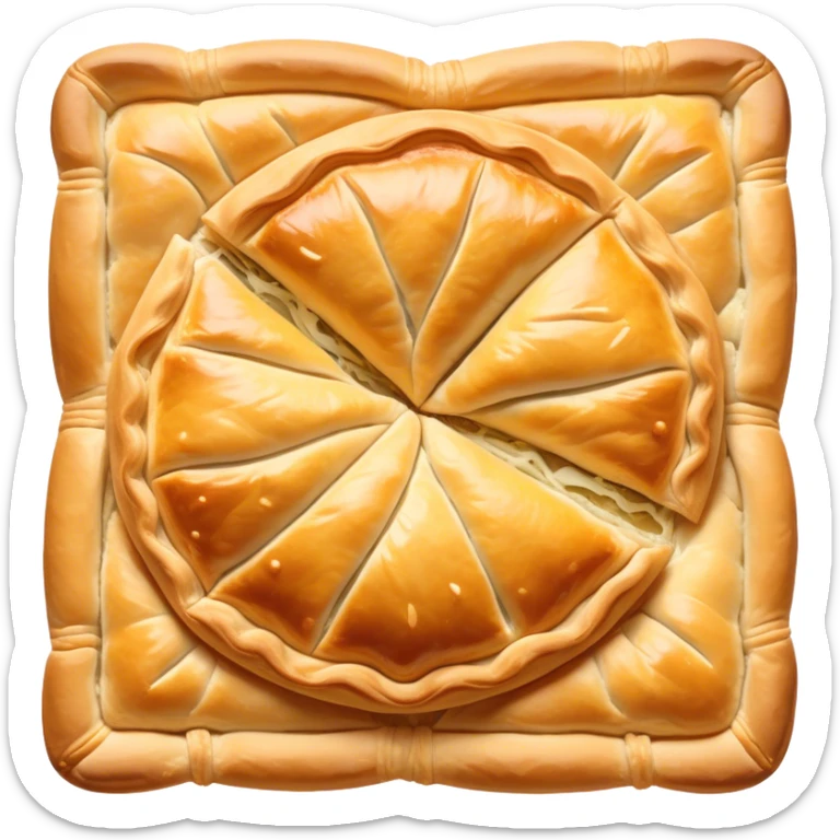 Burek sa Sirom Cinematic Realistic Burek sa Sirom Dish Emoji, depicted as a flat, flaky pastry filled with cheese, rendered with crisp textures and warm, inviting lighting. sticker