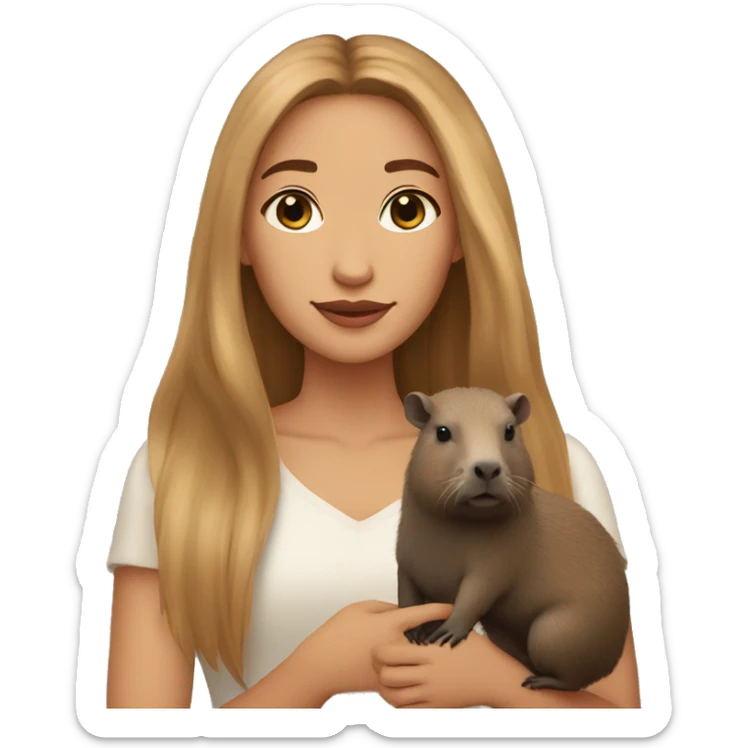 a woman with  long hair and just a black eyeliner with a little capybara puppett on his hand sticker
