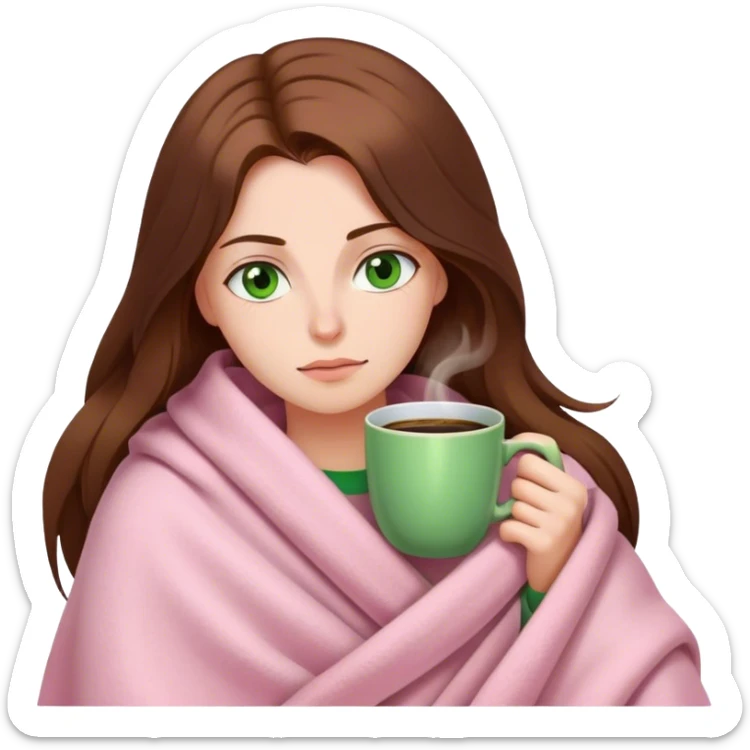 woman with very long brown hair and green eyes in a light pink blanket sleepy with coffee sticker