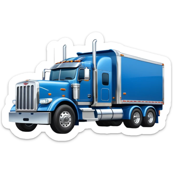 blue Peterbilt truck hauling a trailer, with chrome details, emoji style sticker