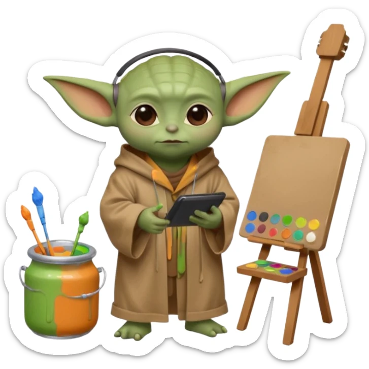 Baby Yoda in his brown robe listening music on his headphones, painting a picture on an easel and surrounded by paint pots. sticker