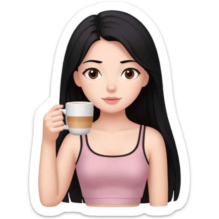 Bi tane ela gözlü koyu yeşil gözlü yani siyah uzun düz saçlı beyaz tenli bir kız üstünde toz pembe soft bir coquette crop var ve kahve içiyor sticker