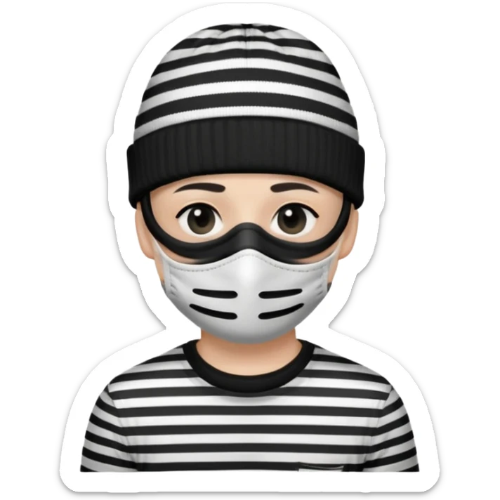 character with black and white striped shirt, black beanie, black mask over eyes sticker