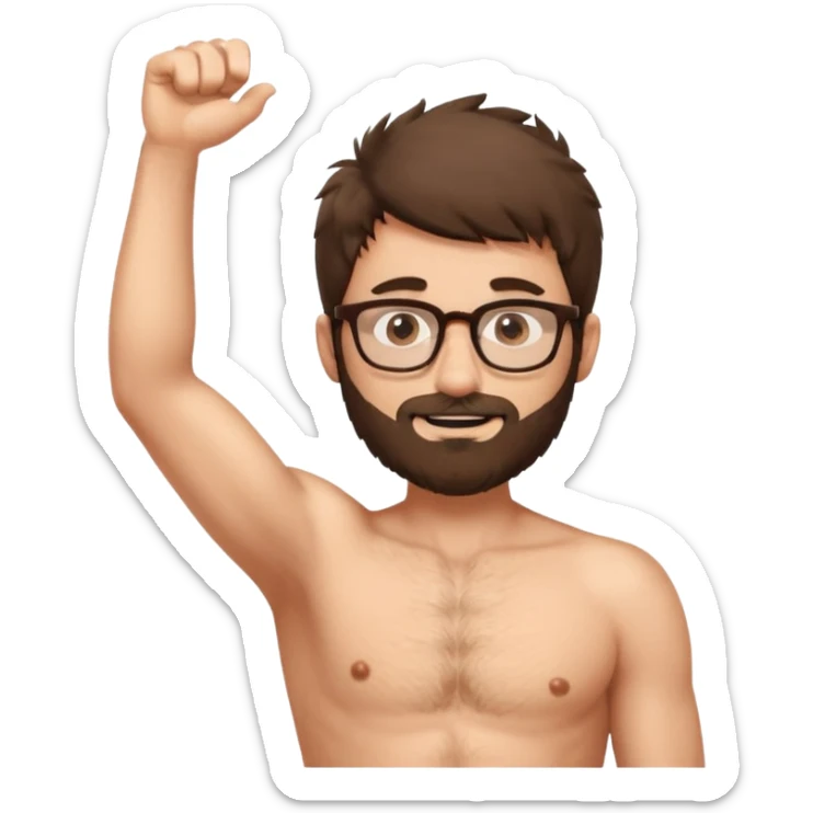 iOS emoji-style cartoon, light stubble, glasses, wide eyes, neutral skin tone, shirtless , very hairy chest , one arm up very hairy armpit. Lots of body hair  sticker