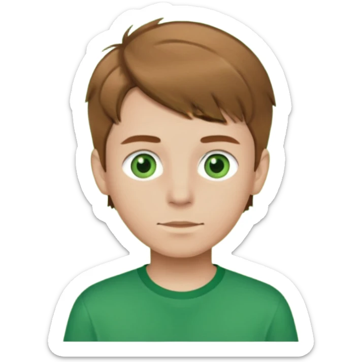 boy with light brown hair and green eyes with green shirt sticker