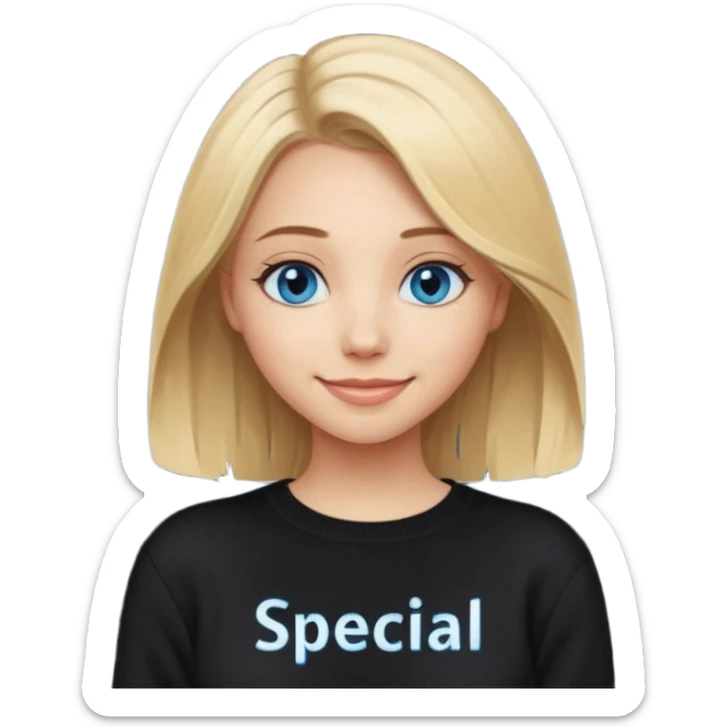 a new character a girl with shoulder length blonde hair wearing black clothes and wearing a cheeky smile she has blue eyes her black sweater has an emo style badge remove the badge and instead add the words special sticker