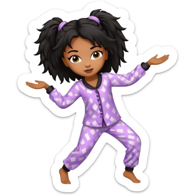 generate a pretty bratz brown skinned girl with messy black hair in pyjamas dancing in room sticker
