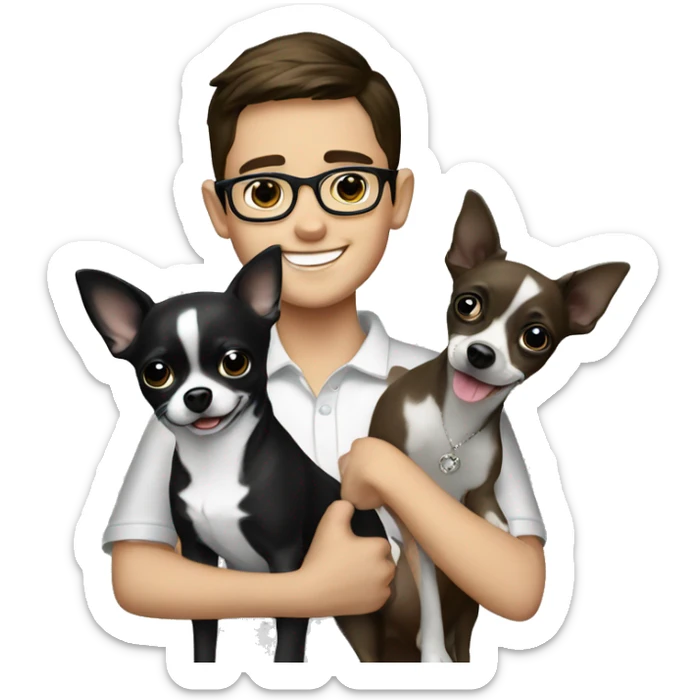 smiling brunette boy with jewelry and eyeglasses indoors and black & white chihuahua dog sticker