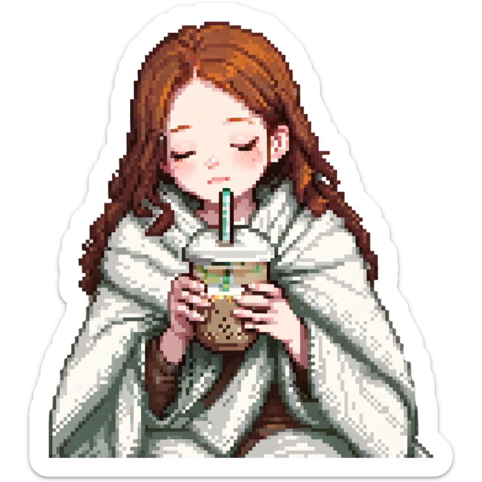 dark ginger haired girl with pale skin, wrapped in a blanket, sipping boba, eyes closed sticker