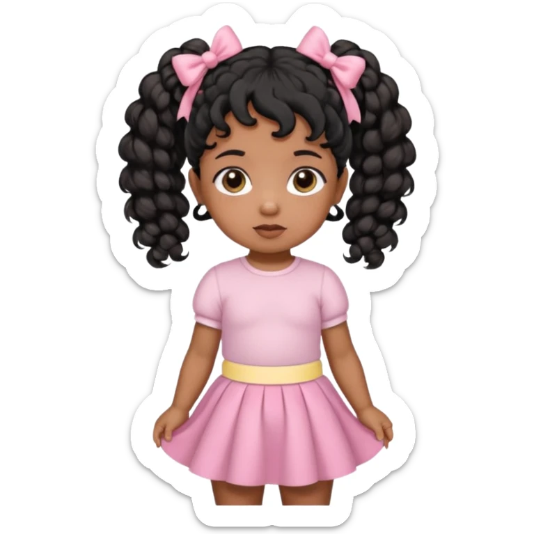 a brown skin baby with curly hair and a baby pink skirt and baby pink bows with her hair in pigtails and black hair sticker