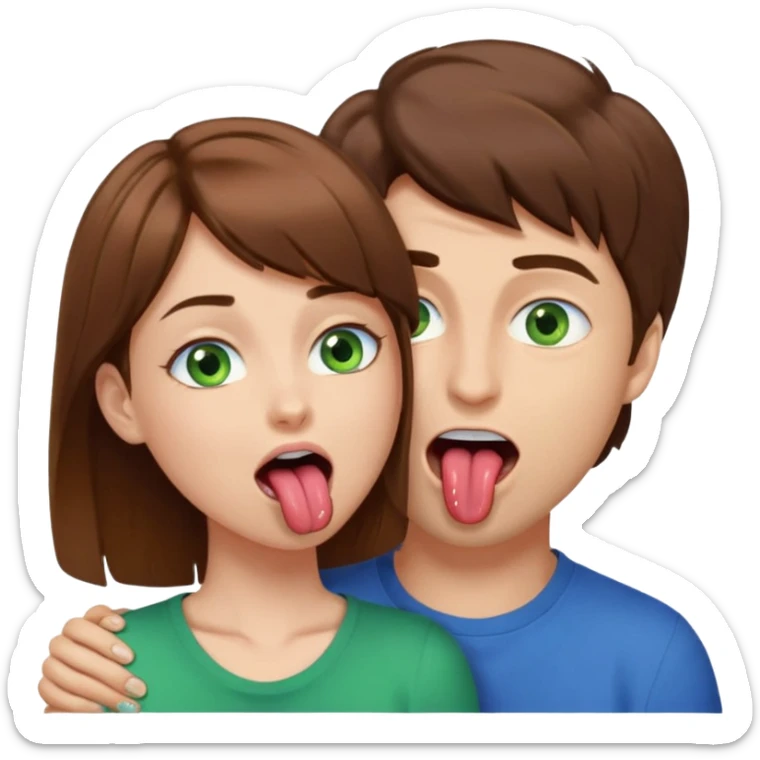 Brown hair, blue eyed male is facing down as he spits in the mouth of brown hair, green eyed female whose on her back, facing up, while she has her tongue out and looks happy. sticker