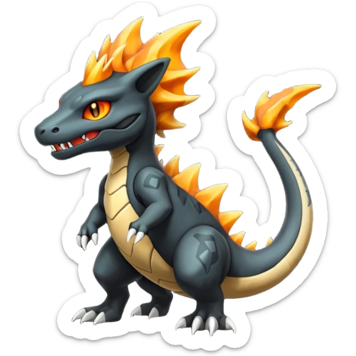 Magmatic fiery badass cool obsidian-Black and golden-orange Helioptile-Marowak-Salamence-Fakémon-hybrid-creature (full body)  sticker