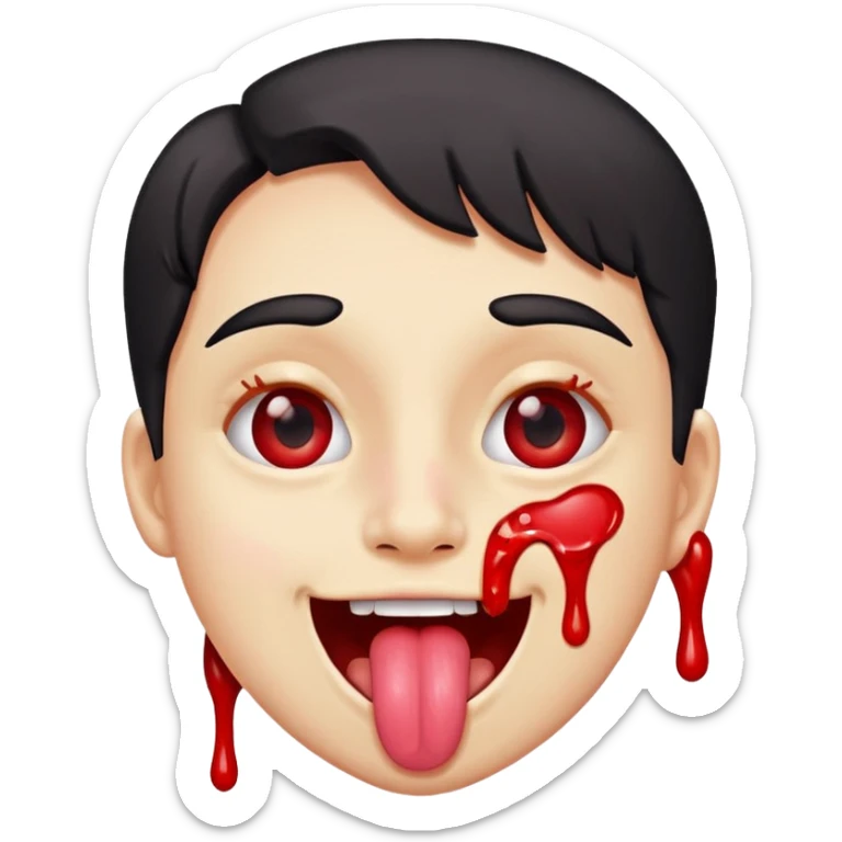 Spilt glue on their face but is happy and smiling with their tongue out but their eyes are red sticker