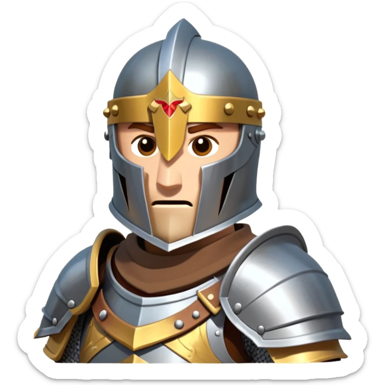 clash-of-clans-aesthetic_-cinematic-fearsome-and-majestic-knight-bust-portrait-emoji, rendered in a flat, vector-style with minimal shading and bold, simplified shapes typical of emoji art, depicting a battle-ready medieval knight standing, mounted on a heavily armored warhorse with plated barding gleaming in the sunlight. sticker