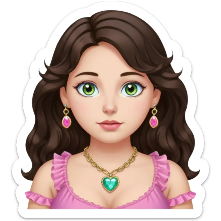Girl girl with long wavy dark brown hair with middle part, centralized heterochromia blue green gold eyes, plus size, pink frilly top, right nostril gold nose ring, small pink heart crystal necklace  sticker