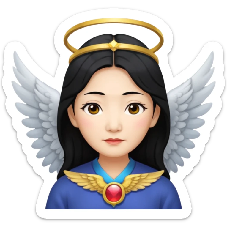 Angel Old Lady with wings black hair asian  smaller eyes w halo sticker