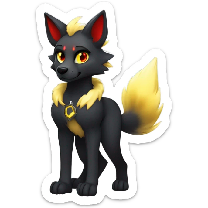 black Shiny Fionbri-Falvie-sparkle-wolf-sona with yellow eyes, red edgy markings full body fursona sticker