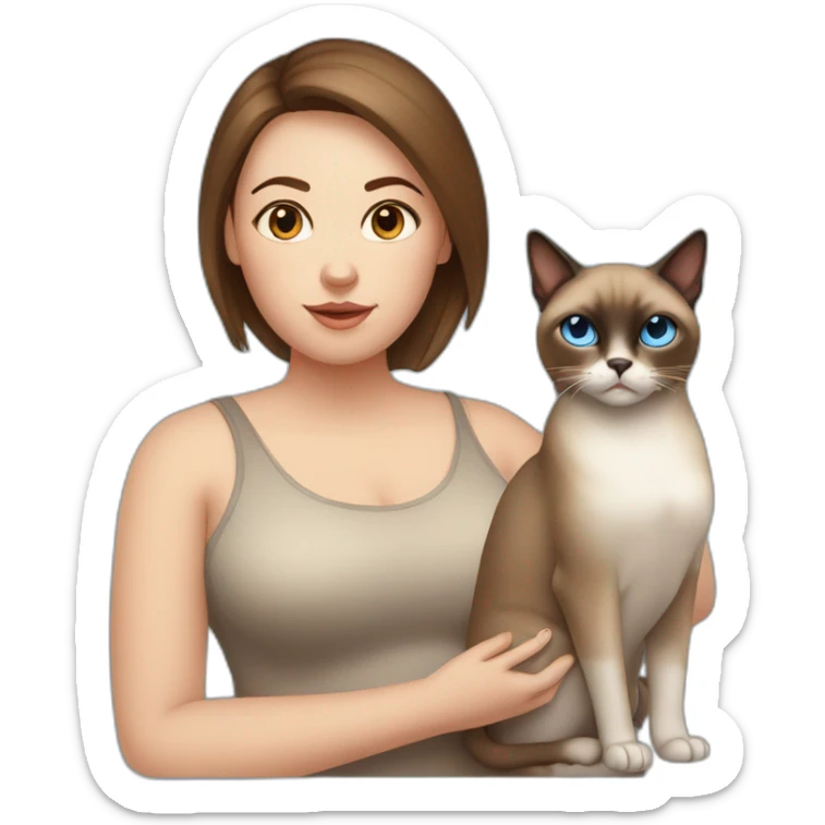 Blue-eyed fat girl with brown hair with siamese cat and miniature pincher sticker