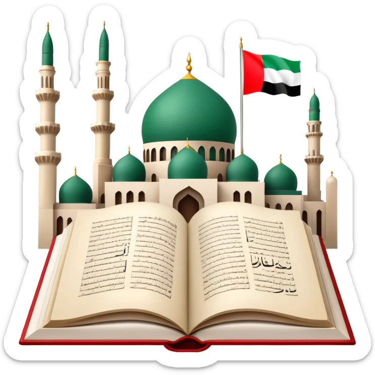 An icon featuring the mosque and the big flag of United Arab Emirates, symbolizing the Arabic language. The design includes an open book with Arabic script and calligraphy, representing language learning and cultural heritage. Transparent background sticker