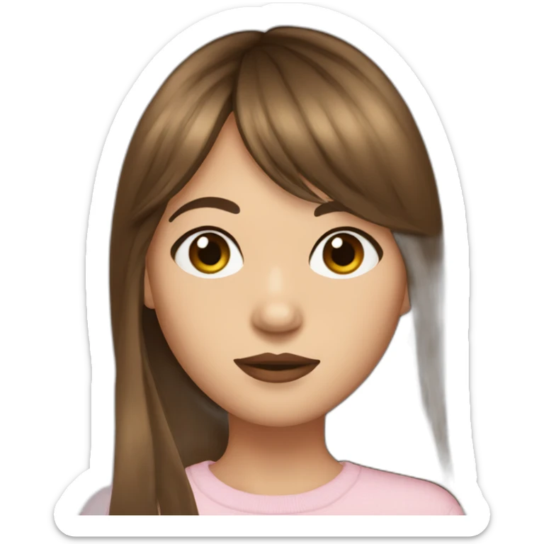 long brown hair skinny girl with curtain bangs, thin face and makeup from head to chest sticker